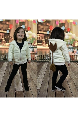 Quzucuk Kids 3 Çınar Kız Çocuk Kapşonlu Kışlık Peluş Ceket Kemik