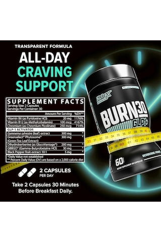 Nutrex Burn30 Glp-1 Carnitine Super Berberine Weight Management Appetite Control Gymnema Sylvestre 6 Aromasız
