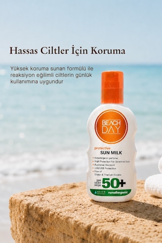Beach Day Hassas Ciltler için Yüksek Koruyucu Güneş Sütü SPF50+ 150 ML