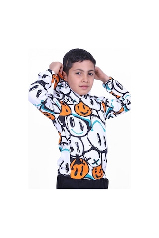 Panios Kids Emoji Desenli Kapüşonlu Unisex Sweatshirt 2 İplik Turuncu