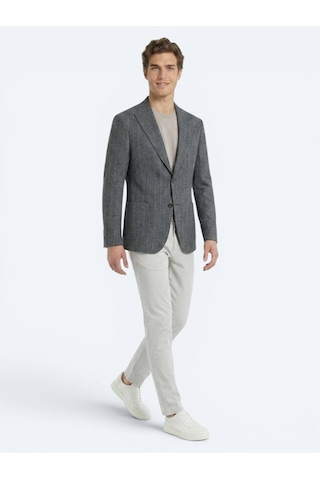Kip Petrol Çizgili Modern Fit Keten Karışımlı Ceket
