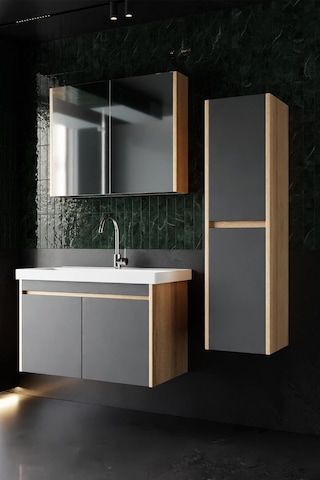 Karen Banyo Dallas 80 Cm Lavabolu, Aynalı Banyo Dolabı, Lavabo Dahil, Boy Dolabı Dahil, S.meşe-Antrasit Antrasit