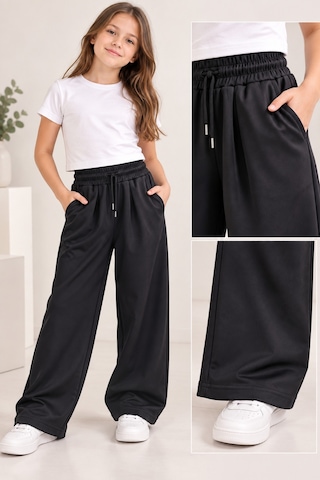 Uğur Bebe Kız Çocuk Pileli Geniş Paça Mevsimlik Eşofman Altı Beli Bağcıklı Cepli & Kompak Kumaş Rahat Kesim Spor Okul Günlük Pantolon Siyah Siyah