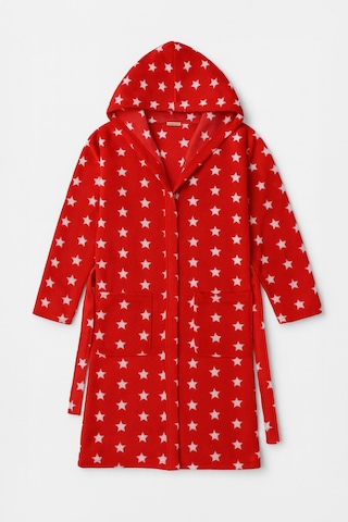Kadın Kapüşonlu Yıldız Desenli Polar Sabahlık Kırmızı