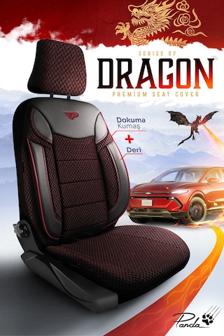 Bordo - Siyah Panda Dragon Serisi Dokuma Kumaş Oto Koltuk Kılıfı - Tam Set
