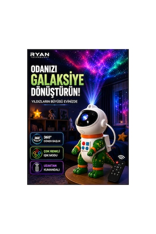 Galaksi Yıldız Projektör Gece Lambası Astro Dino 360 Döner Uzaktan Kumandalı Çocuk Odası Projektörü Çok Renkli