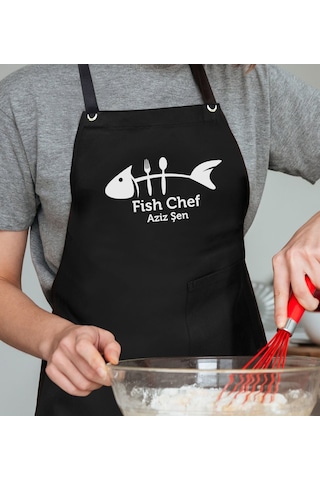 Bk Gift Kişiye Özel Balık Şef Siyah Profosyonel Önlük - 1, Aşçı Önlüğü, Şef Önlüğü, Babaya