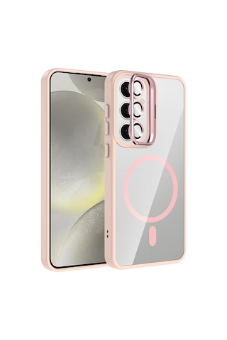 Samsung Galaxy Uyumlu S25 Fe Kılıf Standlı Ve Kamera Lens li M-safe Şarj Özellikli Kapak Etro Pembe
