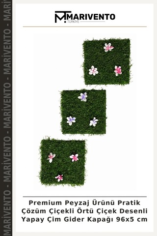 Premium Peyzaj Ürünü Pratik Çözüm Çiçekli Örtü Çiçek Desenli Yapay Çim Gider Kapağı 96x5 Cm Çok Renkli