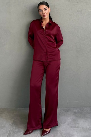 Madmext Bordo Saten Gömlek Pantolon Takım Mg2745