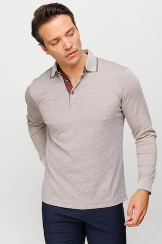 Desen Triko Erkek Polo Yaka Kare Desenli Uzun Kollu Sweatshirt Bej Bej
