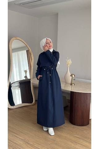 Esra Butik78 Şık Kesim Astarlı Trençkot Kendi Kumaşından Kemerli Tesettür Model Lacivert