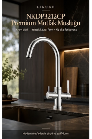 Nkdp3212cp Premium Krom 3 Akışlı Mutfak Musluğu Filtreli İçme Suyu Gümüş