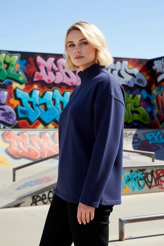 Benerly Kadın Dik Yaka Fermuarlı Düşük Kol Regular Kalıp Örme Sweatshirt Lacivert
