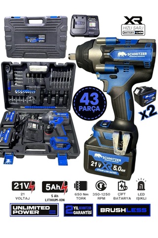 Schmıtzer Sch-9502m Pro 21v 15 Pilli Çift Akülü Kömürsüz Darbeli Vidalama 650 Nm Somun Sıkma Sökme Matkap