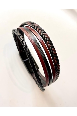 %100 Deri 5li Kombin Kahverengi Erkek Bileklik 21cm Türk Üretim Kahverengi - Siyah