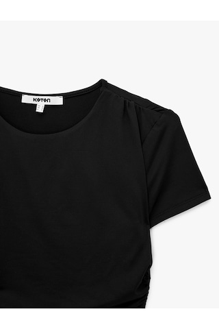 Koton Drape Detaylı Slim Fit Bisiklet Yaka Kısa Kollu Crop Tişört Siyah 6sak50066pk