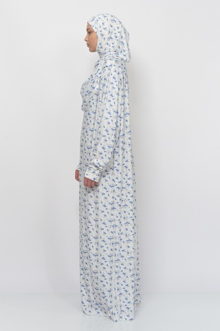 Pratik Tek Parça Çiçek Desenli Kollu Tak Çıkar Başörtülü Likralı Tesettür Namaz Elbisesi 990-0201 Mavi Antrasit