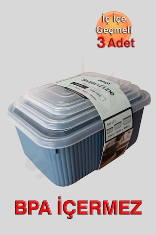 İç İçe Geçmeli Snaplid Dikdörtgen Saklama Kabı 600 - 1100 - 1800 Ml Üçlü Set Mavi
