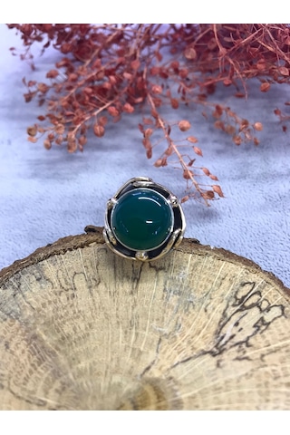 Yeşil Akik Taşı Gümüş Yüzük 925 Ayar Doğal Taş - 251995303
