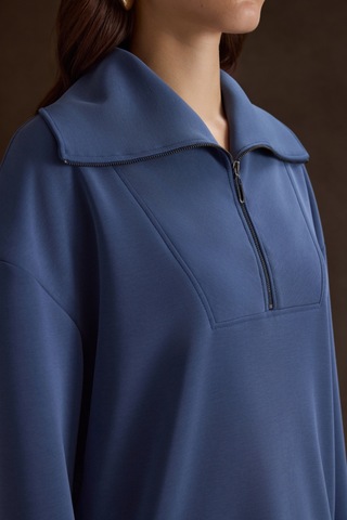 Aker Yakası Ve Yan Yırtmaçları Fermuarlı Modal Sweatshirt İndigo İndigo