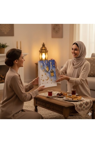 Ramazan Kandil Temalı Hediyelik Karton Çanta 26x40x8 Cm İftar Dağıtım