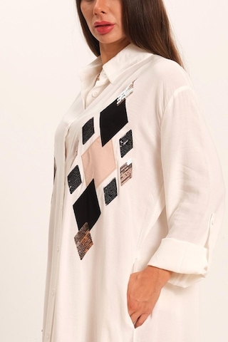 Kadın Beyaz Önü Pul Payet Aplike Nakışlı Kolu Apoletli Uzun Gömlek Elbise-beyaz Beyaz