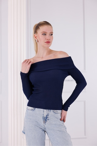 Madonna Yaka Uzun Kollu Fitilli Kadın Bluz Lacivert