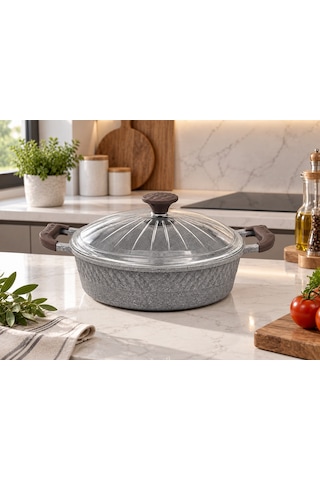 Oms Collection - Biogranit Ağır Döküm 30x8 Cm - 5,30 Litre Basık Tencere 3632 - Gri