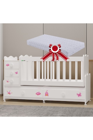 Garaj Home Melina Mdf Çıtalı Beşik + Yatak - Prenses Beyaz