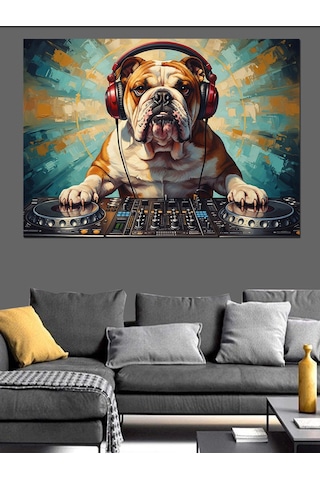 Dj Seti Başında Kulaklıklı Bulldog Dekoratif Kanvas - Mdf Ahşap Tablo