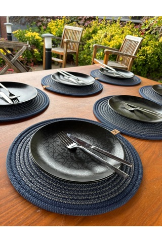 6 Lı Yuvarlak Supla Takımı Kolay Temizlenebilir, Modern Sofralar İçin Lacivert -antrasit