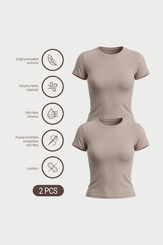Auw Kadın Bisiklet Yaka Pamuklu Modal T-shirt 2'li - Softfit Taş - Taş