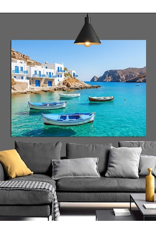 Beyaz Kayıklar Mavi Deniz Dekoratif Kanvas - Mdf Ahşap Tablo