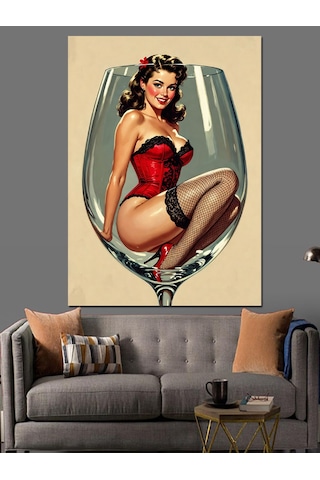 Şarap Kadehli Pin-up Kadın Dekoratif Kanvas - Mdf Ahşap Tablo