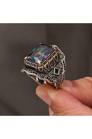 Mistik Topaz Taşlı 925 Gümüş Yüzük Erkek Beyaz