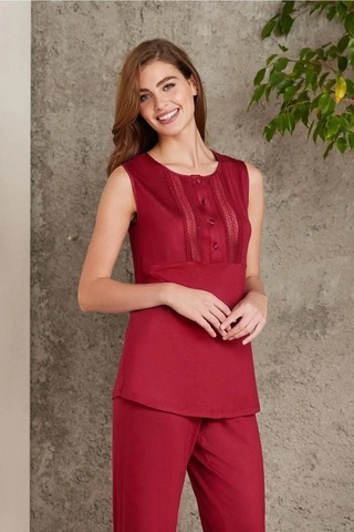 Pierre Cardin 2800 Kadın Bordo Dantelli Penye 3'lü Sabahlıklı Pijama Takım Bordo