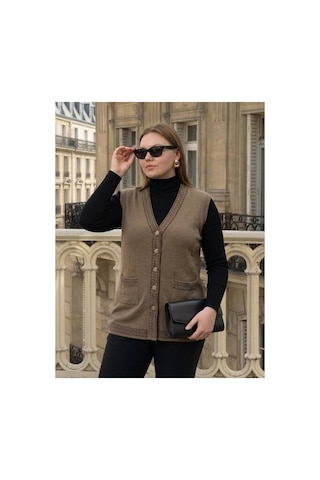Onno Style Women Bantı Hasır Desenli Çelik Örgü Klasik Triko Yelek Bej