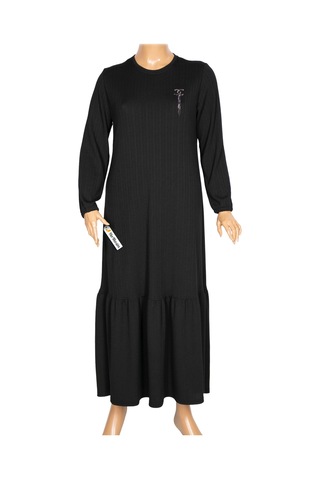 Hesna Kadın Derya Fitilli Doku Eteği Farbalı Broşlu Siyah Elbise Siyah