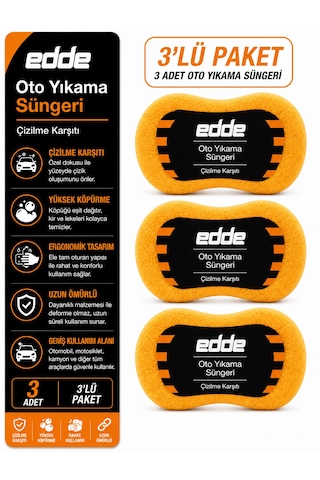 Edde Araba Araç Oto Yıkama Temizleme Süngeri 3 Adet Set Oto Detailing