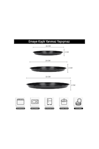 Kapris 3 Lü Emaye Pizza Fırın Tepsi Seti 26-29-32 Cm Kap-536 Siyah