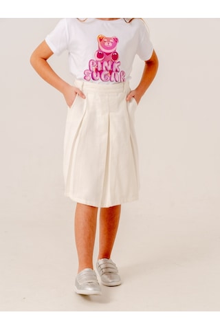 Kız Çocuk Gabardin Pileli Keten Etek 2958 Beyaz