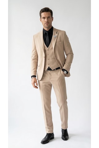 Erkek Klasik Slim Fit Armürlü Kumaş Tek Düğmeli Çift Yırtmaçlı Klasik Yaka Takım Elbise 7 Drop Bej