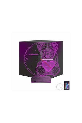 Luvivia Ayıcık Kalp Tasarım Kişiye Özel Saatli 3d Lamba - Masa Gece Lambası Şeffaf