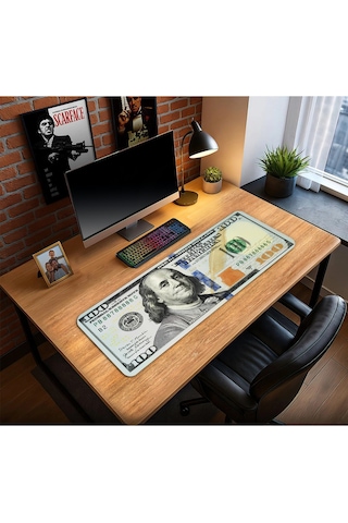 Dolar Baskılı Oyun Gaming Klavye Mouse Pad Kaymaz Taban Kenarları Dikişli Su Geçirmez Masa Matı 70x30 Cm