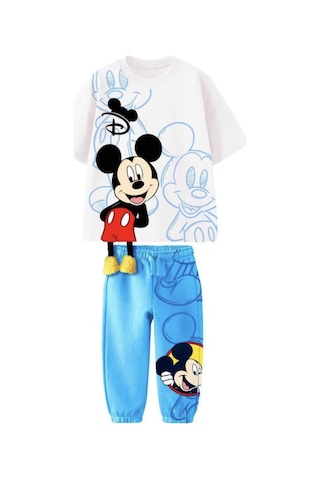 Unisex Çocuk Eğlenceli Mickey Sarkık Detaylı Mavi Renk Pamuklu T-shirt Eşofman Alt Üst Takım Mavi