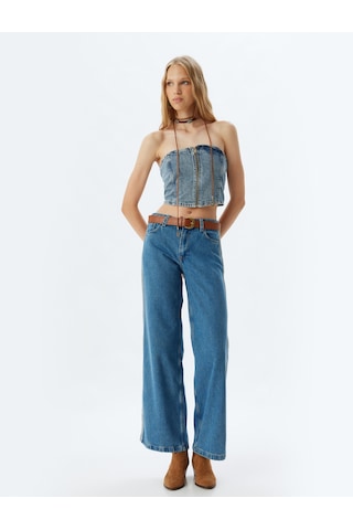 Koton Geniş Paça Kot Pantolon Bol Kalıp Şerit Detaylı Düğmeli Cepli - Wide Leg Jean Orta İndigo 5wal40096md İndigo