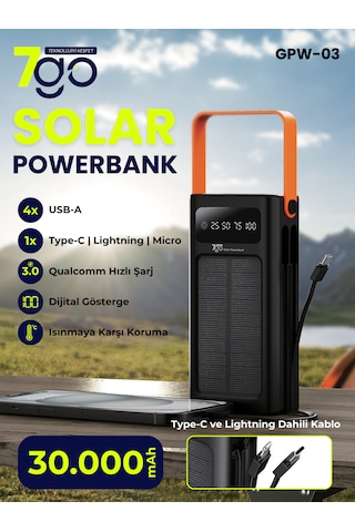 7go Gpw-03 30.000mah Solar Powerbank 4xusb-a, Qualcomm 3.0 Hızlı Şarj, Dahili Lightning & Usb-c Ka Siyah