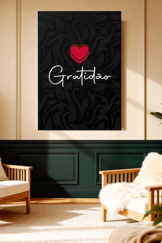Gratidão Kalp Siyah Desenli Motivasyon Kanvas Tablo