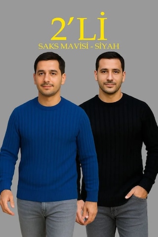 Erkek Fitilli Triko Kazak 2 Li Set Siyah Saks Mavisi Kalın Dokuma Pamuklu Regular Fit Saks Mavi - Siyah